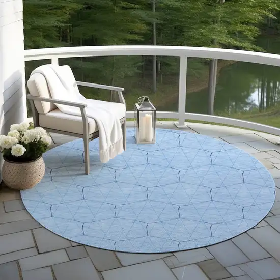 8' Sky Blue And Black Round Geometric Washable Indoor Outdoor Area Rug Photo 6