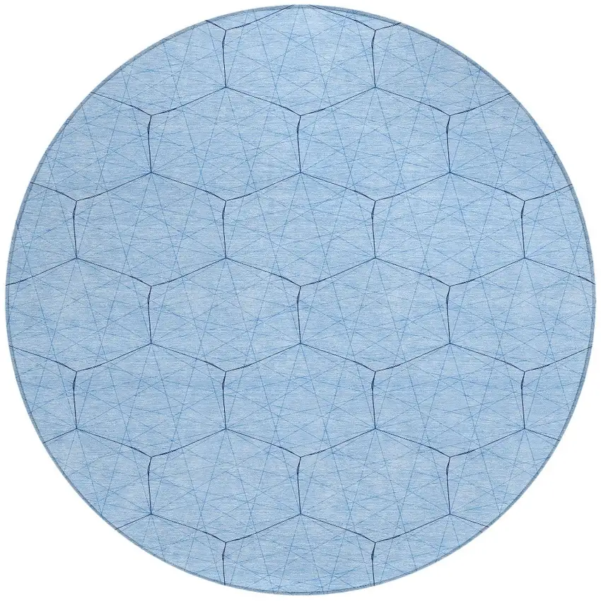 8' Sky Blue And Black Round Geometric Washable Indoor Outdoor Area Rug Photo 5