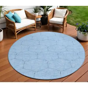 Photo of 8' Sky Blue And Black Round Geometric Washable Indoor Outdoor Area Rug