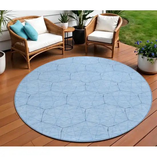8' Sky Blue And Black Round Geometric Washable Indoor Outdoor Area Rug Photo 1