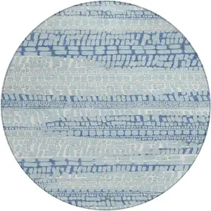 Photo of 8' Sky Blue And Blue Round Abstract Washable Indoor Outdoor Area Rug