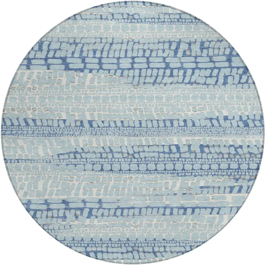 8' Sky Blue And Blue Round Abstract Washable Indoor Outdoor Area Rug Photo 1