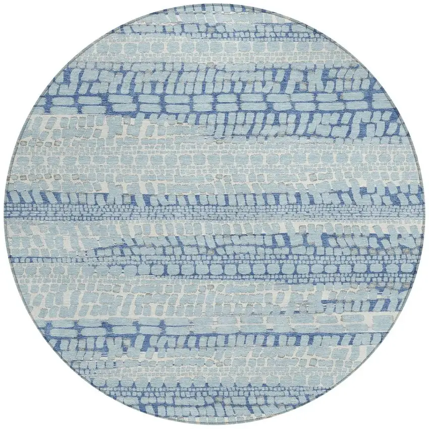 8' Sky Blue And Blue Round Abstract Washable Indoor Outdoor Area Rug Photo 3