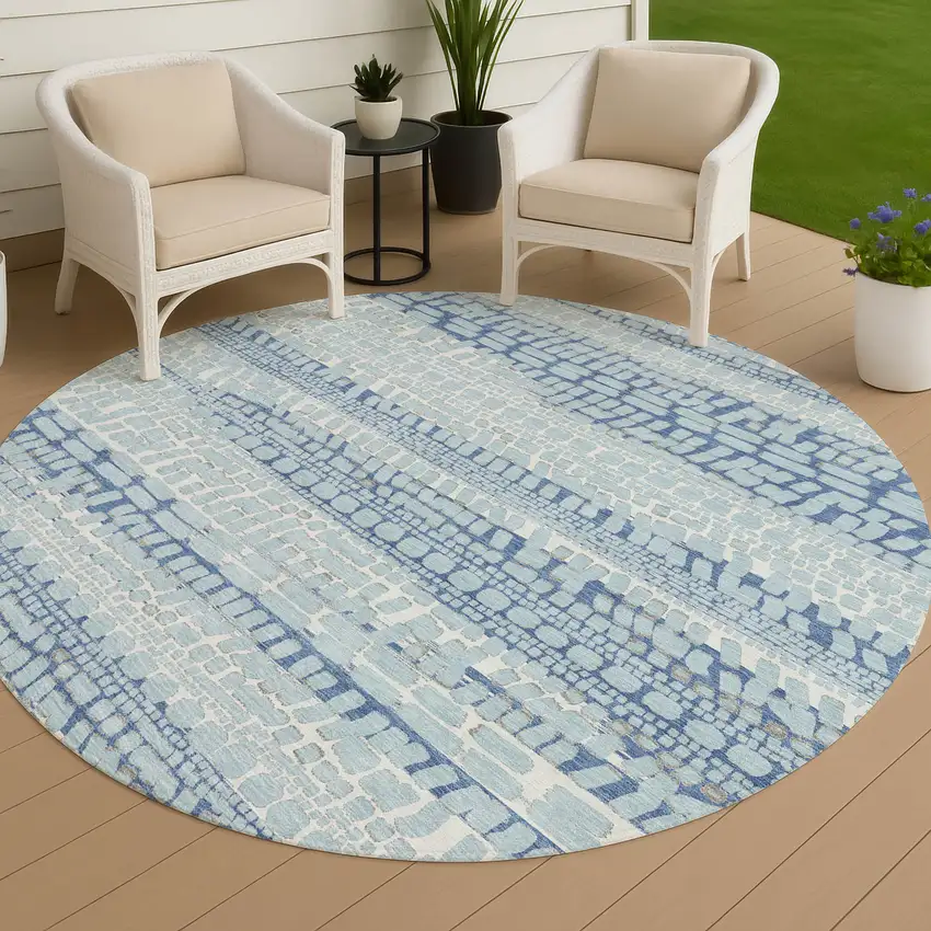 8' Sky Blue And Blue Round Abstract Washable Indoor Outdoor Area Rug Photo 4