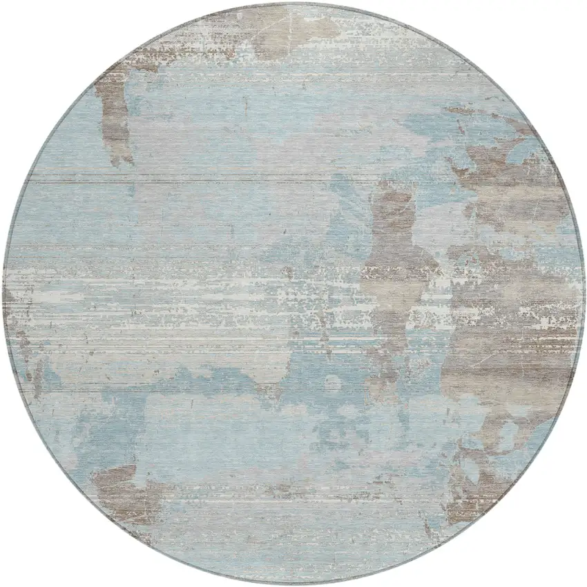 8' Sky Blue And Blue Round Abstract Washable Indoor Outdoor Area Rug Photo 1