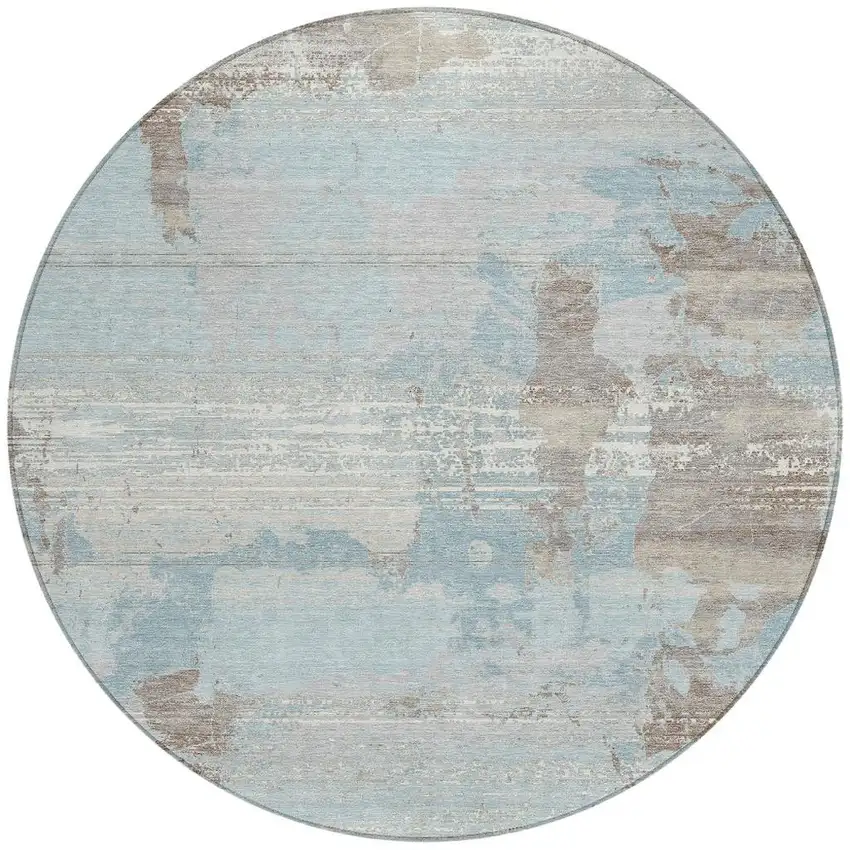 8' Sky Blue And Blue Round Abstract Washable Indoor Outdoor Area Rug Photo 3