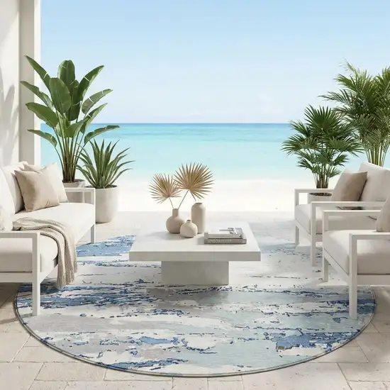 8' Sky Blue And Blue Round Abstract Washable Indoor Outdoor Area Rug Photo 1