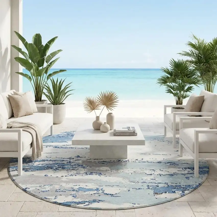 8' Sky Blue And Blue Round Abstract Washable Indoor Outdoor Area Rug Photo 1