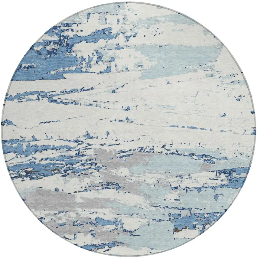 8' Sky Blue And Blue Round Abstract Washable Indoor Outdoor Area Rug Photo 2