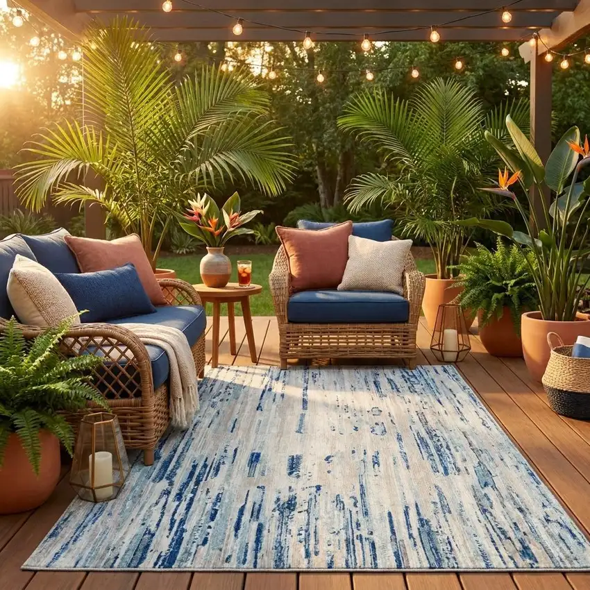 8' Sky Blue And Blue Round Abstract Washable Indoor Outdoor Area Rug Photo 1