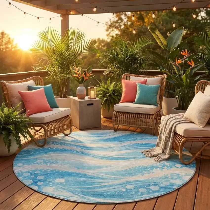 8' Sky Blue And Blue Round Abstract Washable Indoor Outdoor Area Rug Photo 1