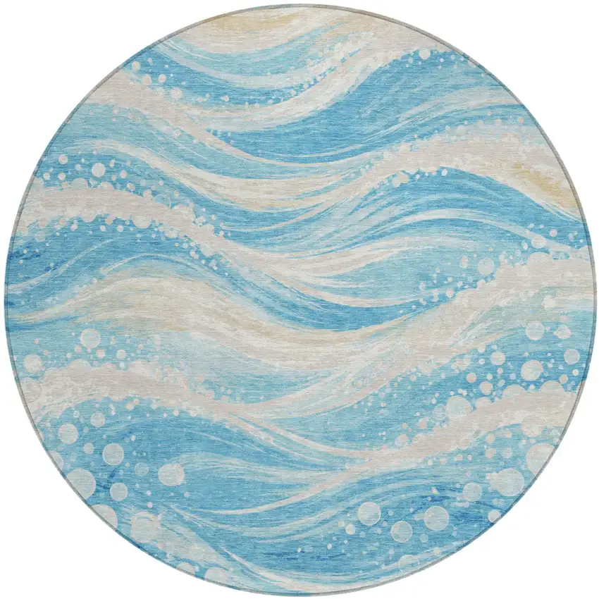 8' Sky Blue And Blue Round Abstract Washable Indoor Outdoor Area Rug Photo 2