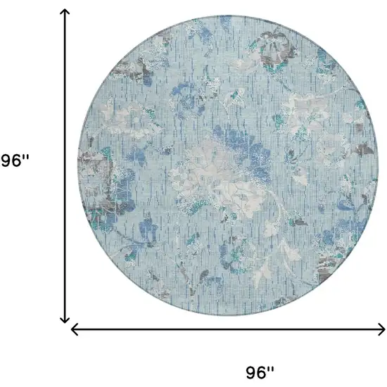8' Sky Blue And Blue Round Floral Washable Indoor Outdoor Area Rug Photo 6
