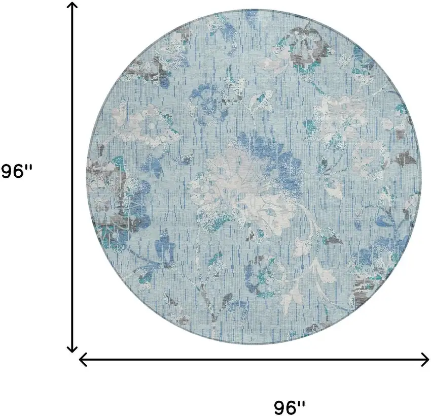 8' Sky Blue And Blue Round Floral Washable Indoor Outdoor Area Rug Photo 6