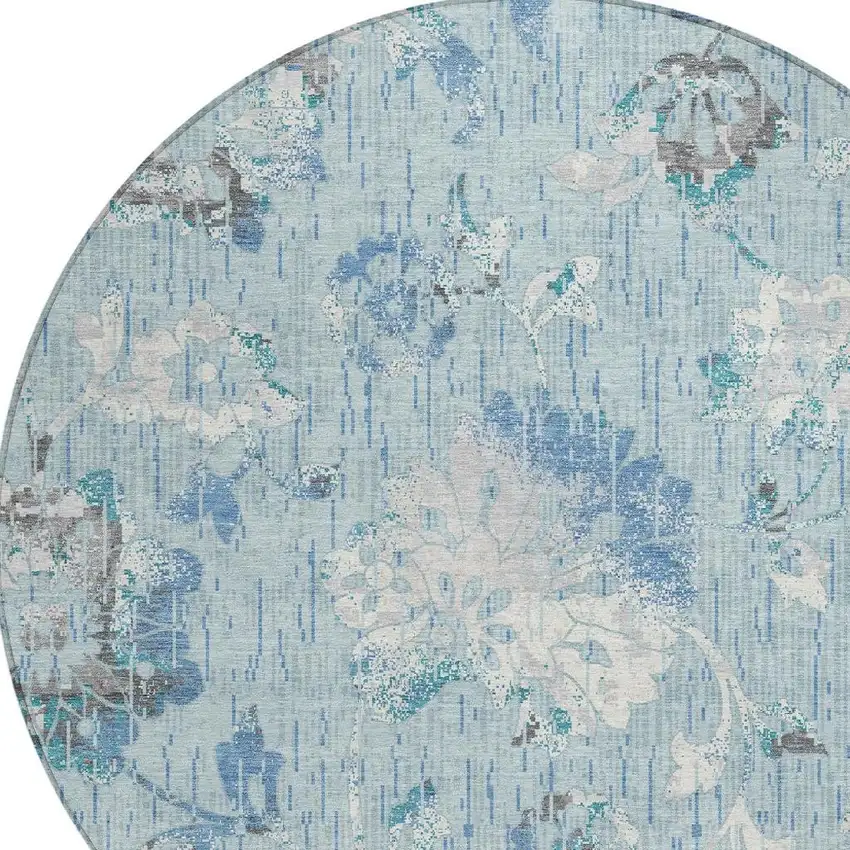 8' Sky Blue And Blue Round Floral Washable Indoor Outdoor Area Rug Photo 2