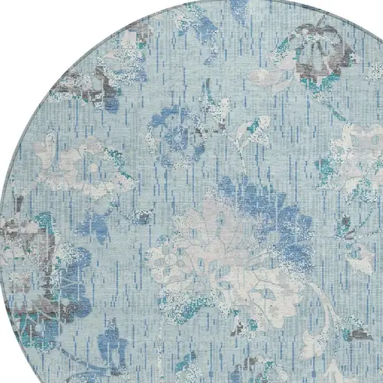 8' Sky Blue And Blue Round Floral Washable Indoor Outdoor Area Rug Photo 2