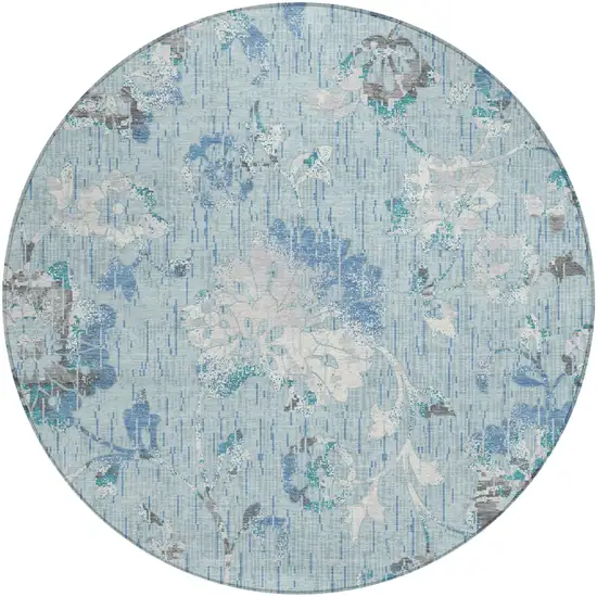 8' Sky Blue And Blue Round Floral Washable Indoor Outdoor Area Rug Photo 1