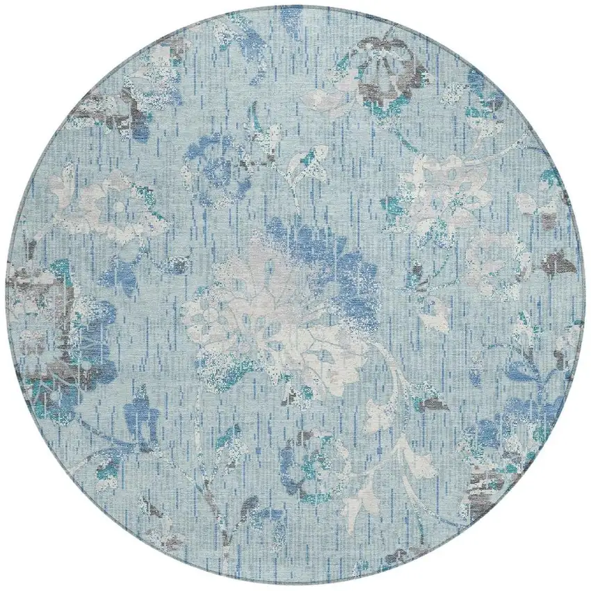 8' Sky Blue And Blue Round Floral Washable Indoor Outdoor Area Rug Photo 3