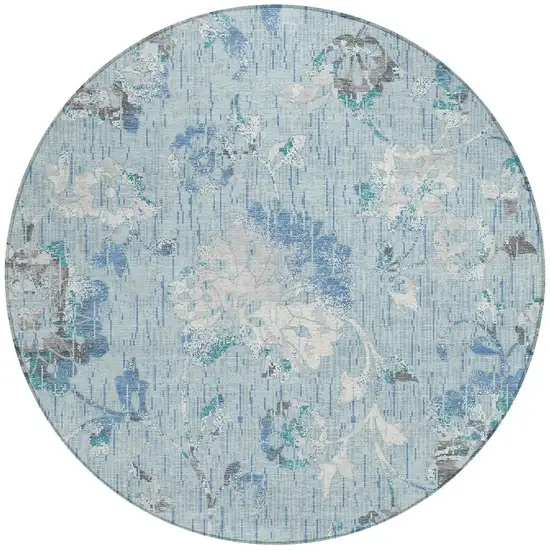 8' Sky Blue And Blue Round Floral Washable Indoor Outdoor Area Rug Photo 3