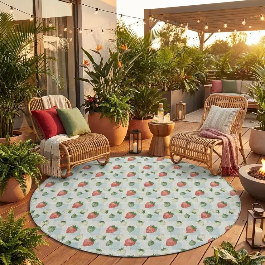 8' Sky Blue And Blue Round Floral Washable Indoor Outdoor Area Rug Photo 1