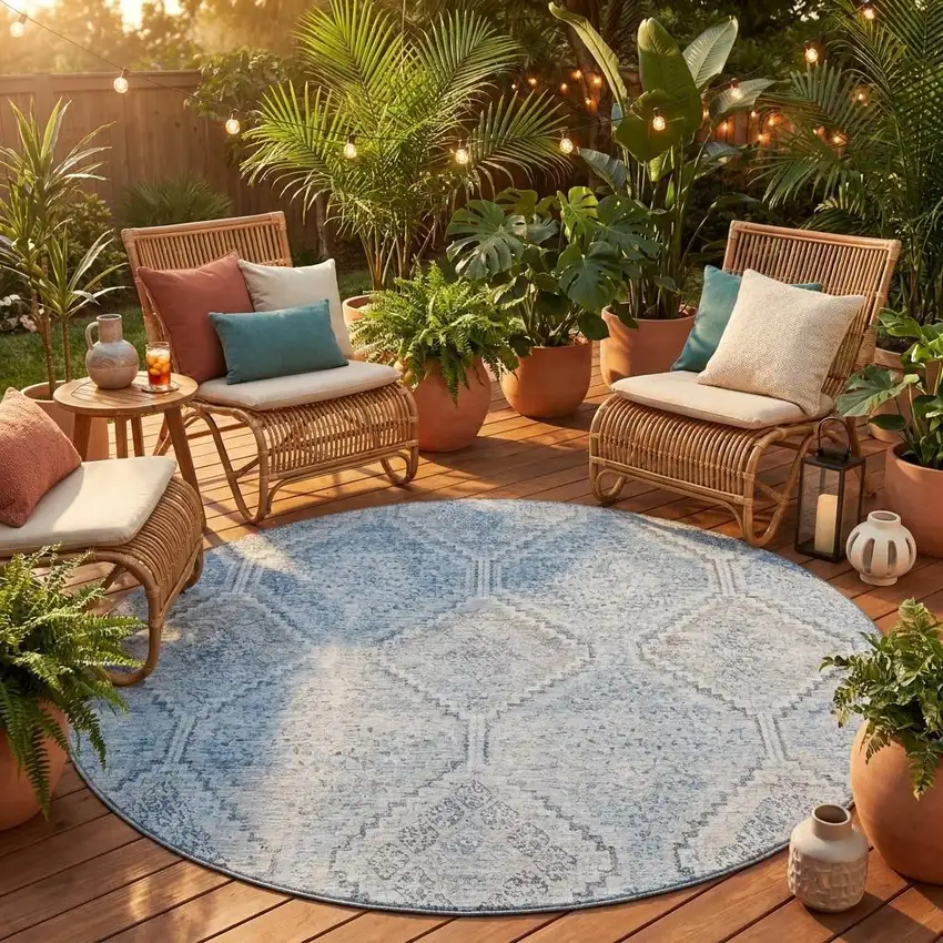 8' Sky Blue And Blue Round Geometric Washable Indoor Outdoor Area Rug Photo 1