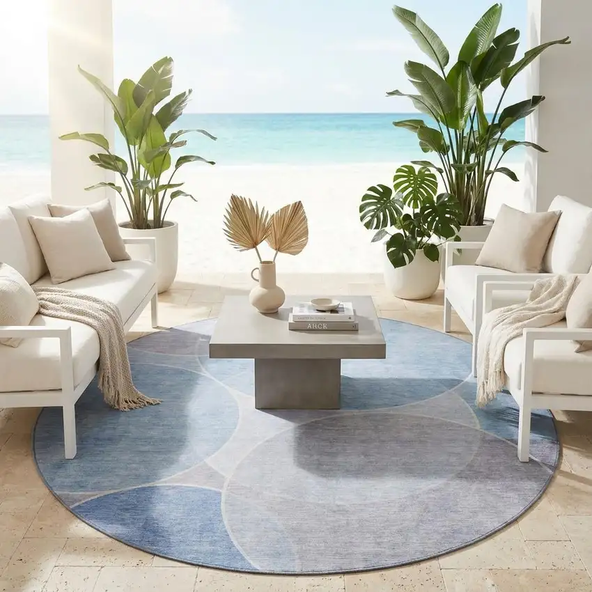 8' Sky Blue And Blue Round Geometric Washable Indoor Outdoor Area Rug Photo 1