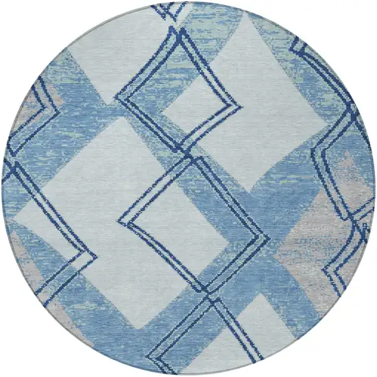 8' Sky Blue And Blue Round Geometric Washable Indoor Outdoor Area Rug Photo 3