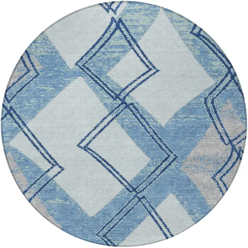 8' Sky Blue And Blue Round Geometric Washable Indoor Outdoor Area Rug Photo 3