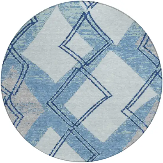 8' Sky Blue And Blue Round Geometric Washable Indoor Outdoor Area Rug Photo 2