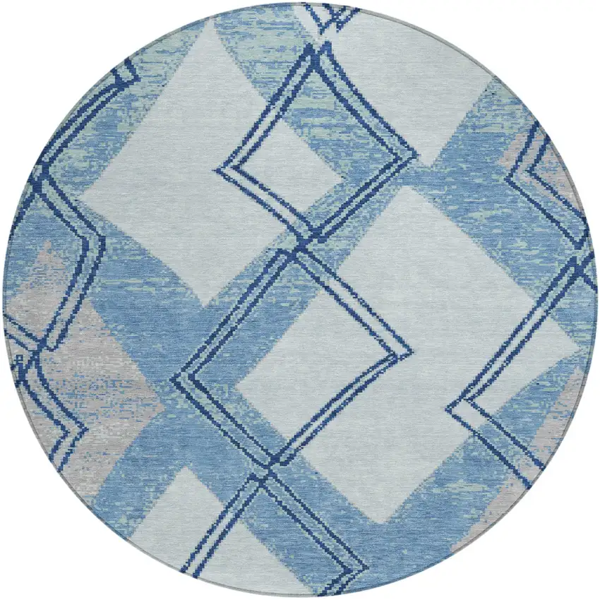 8' Sky Blue And Blue Round Geometric Washable Indoor Outdoor Area Rug Photo 2