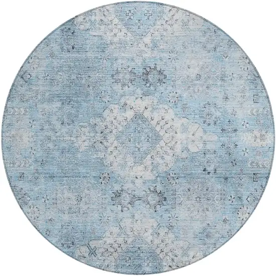 8' Sky Blue And Blue Round Oriental Washable Indoor Outdoor Area Rug Photo 2