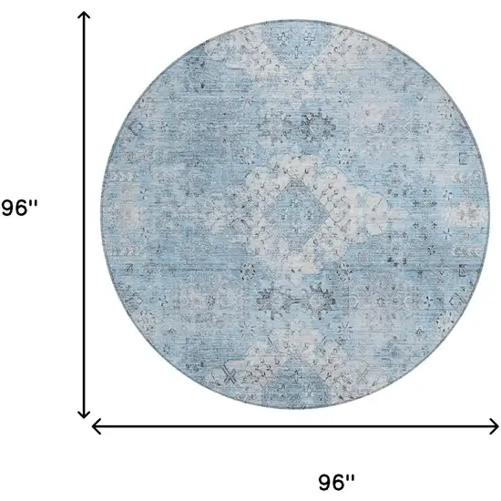 8' Sky Blue And Blue Round Oriental Washable Indoor Outdoor Area Rug Photo 5