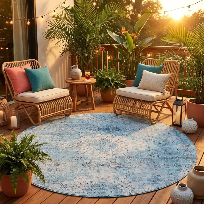 8' Sky Blue And Blue Round Oriental Washable Indoor Outdoor Area Rug Photo 1
