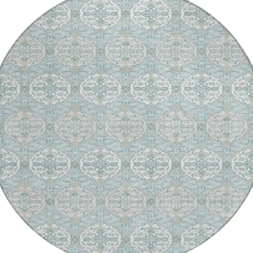 8' Sky Blue And Blue Round Striped Washable Indoor Outdoor Area Rug Photo 1