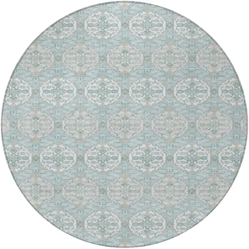 8' Sky Blue And Blue Round Striped Washable Indoor Outdoor Area Rug Photo 3