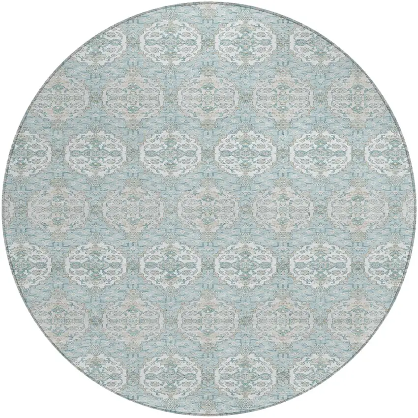 8' Sky Blue And Blue Round Striped Washable Indoor Outdoor Area Rug Photo 2