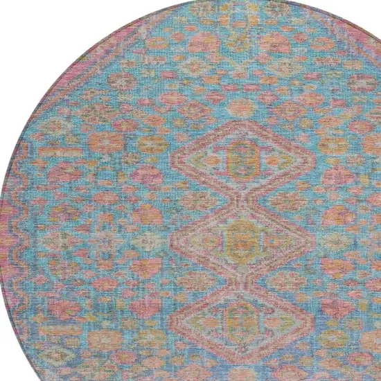 8' Sky Blue And Blush Round Aztec Washable Indoor Outdoor Area Rug Photo 5