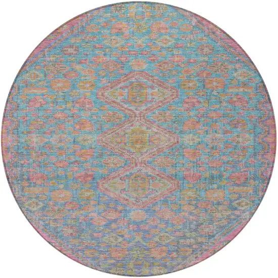 8' Sky Blue And Blush Round Aztec Washable Indoor Outdoor Area Rug Photo 4