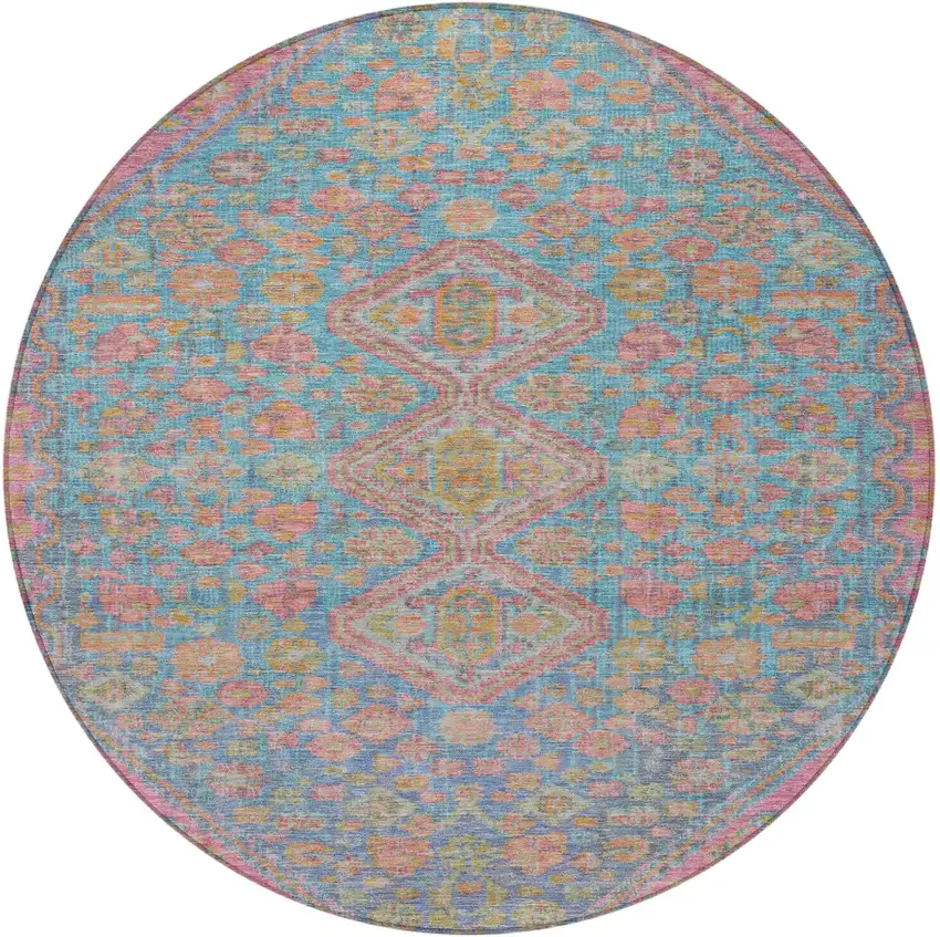 8' Sky Blue And Blush Round Aztec Washable Indoor Outdoor Area Rug Photo 4