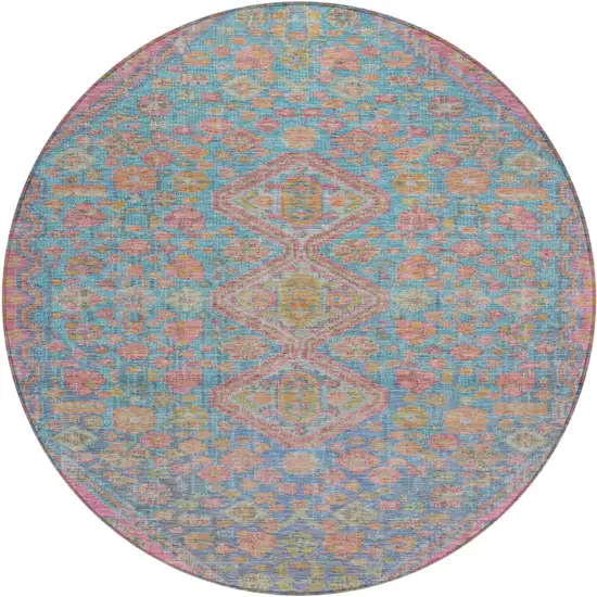 8' Sky Blue And Blush Round Aztec Washable Indoor Outdoor Area Rug Photo 1
