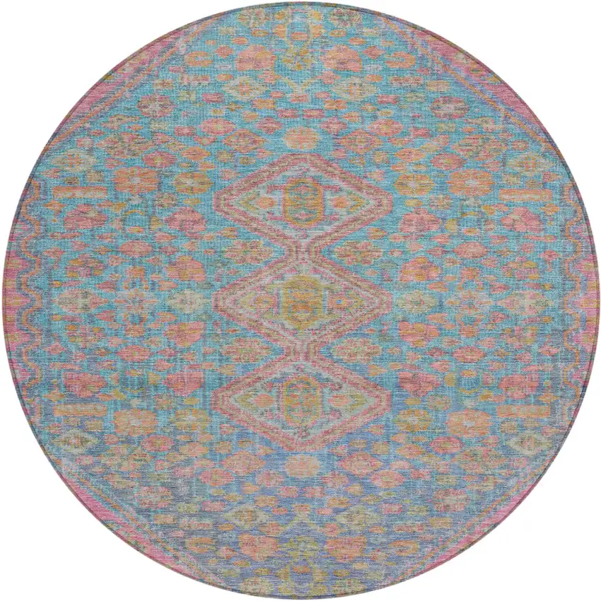 8' Sky Blue And Blush Round Aztec Washable Indoor Outdoor Area Rug Photo 1