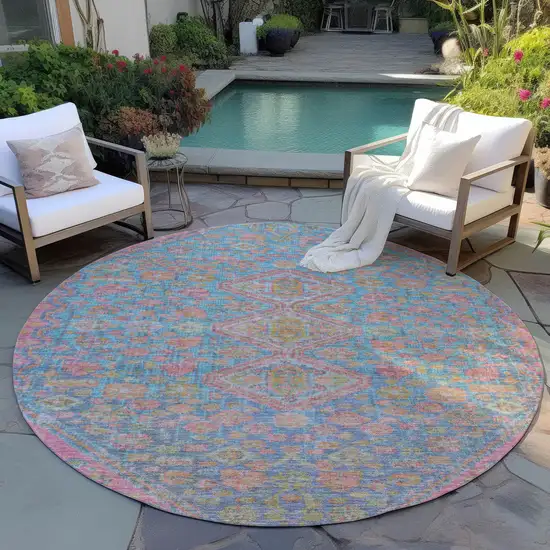8' Sky Blue And Blush Round Aztec Washable Indoor Outdoor Area Rug Photo 6