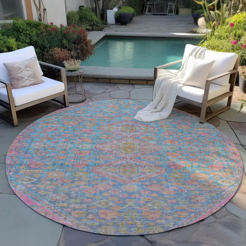 8' Sky Blue And Blush Round Aztec Washable Indoor Outdoor Area Rug Photo 6