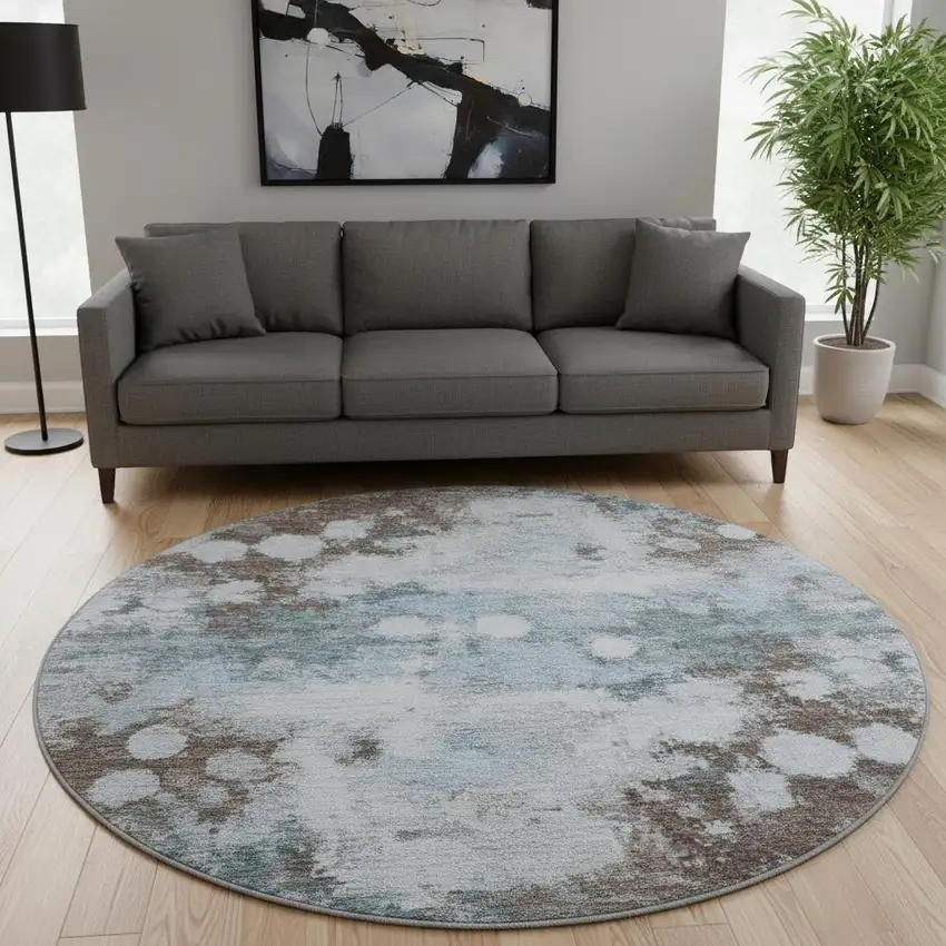 8' Sky Blue And Brown Abstract Washable Round Rug With UV Protection Photo 2