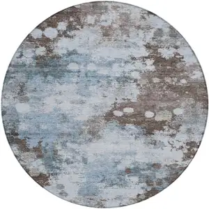 Photo of 8' Sky Blue And Brown Round Abstract Washable Indoor Outdoor Area Rug