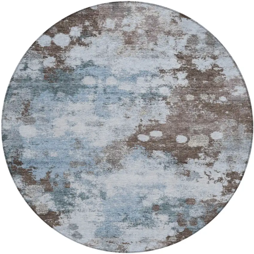 8' Sky Blue And Brown Round Abstract Washable Indoor Outdoor Area Rug Photo 1