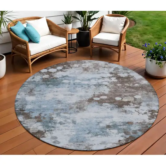 8' Sky Blue And Brown Round Abstract Washable Indoor Outdoor Area Rug Photo 2