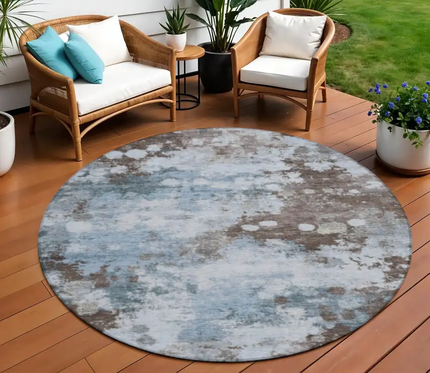 8' Sky Blue And Brown Round Abstract Washable Indoor Outdoor Area Rug Photo 2