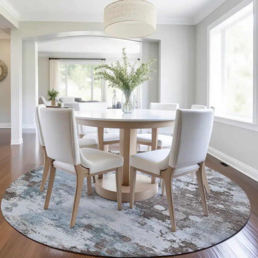 8' Sky Blue And Brown Round Abstract Washable Indoor Outdoor Area Rug Photo 6