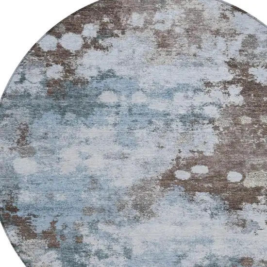 8' Sky Blue And Brown Round Abstract Washable Indoor Outdoor Area Rug Photo 4